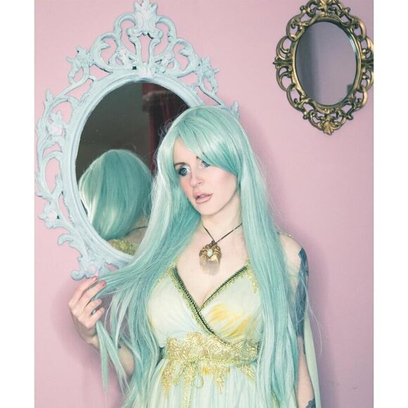 ? Women Green Long Cosplay Wig Mint Striaght Halloween Costume Party Hair Cap main image 9